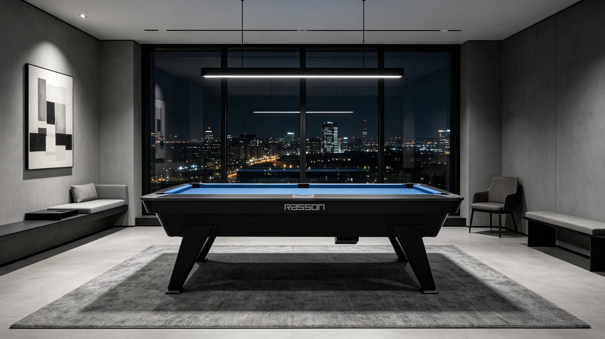 Rasson Apollo II pool table with blue cloth in a lounge