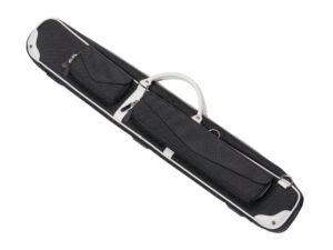 Black pool cue case with white trim on a white background