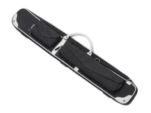 Black pool cue case with white trim on a white background