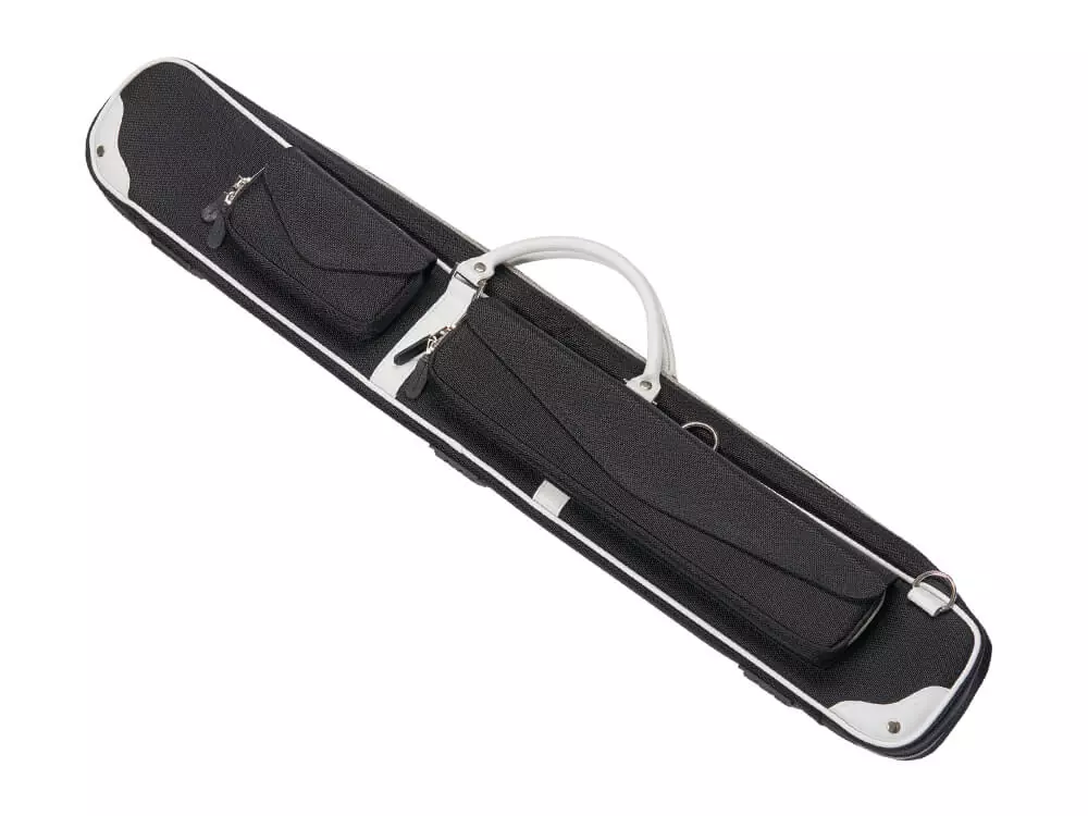Black pool cue case with white trim on a white background