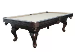 Pool table with grey felt and ball and claw leg