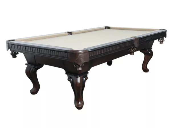 Pool table with grey felt and ball and claw leg