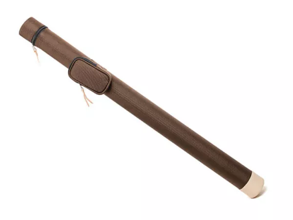 round vinyl pool cue case in brown with cream accents