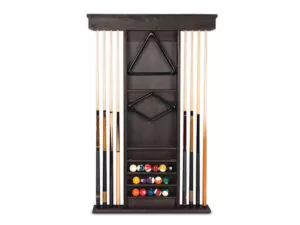 Cue Rack with cues and pool balls