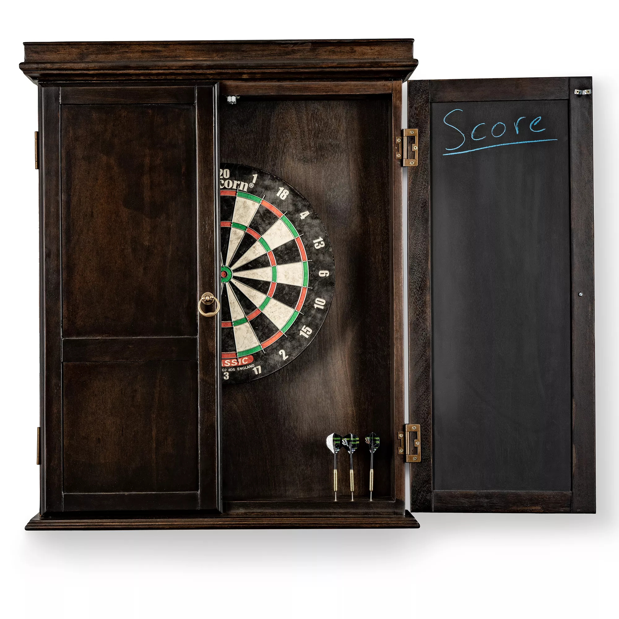 Half open Classic Dartboard Cabinet in Gray Walnut