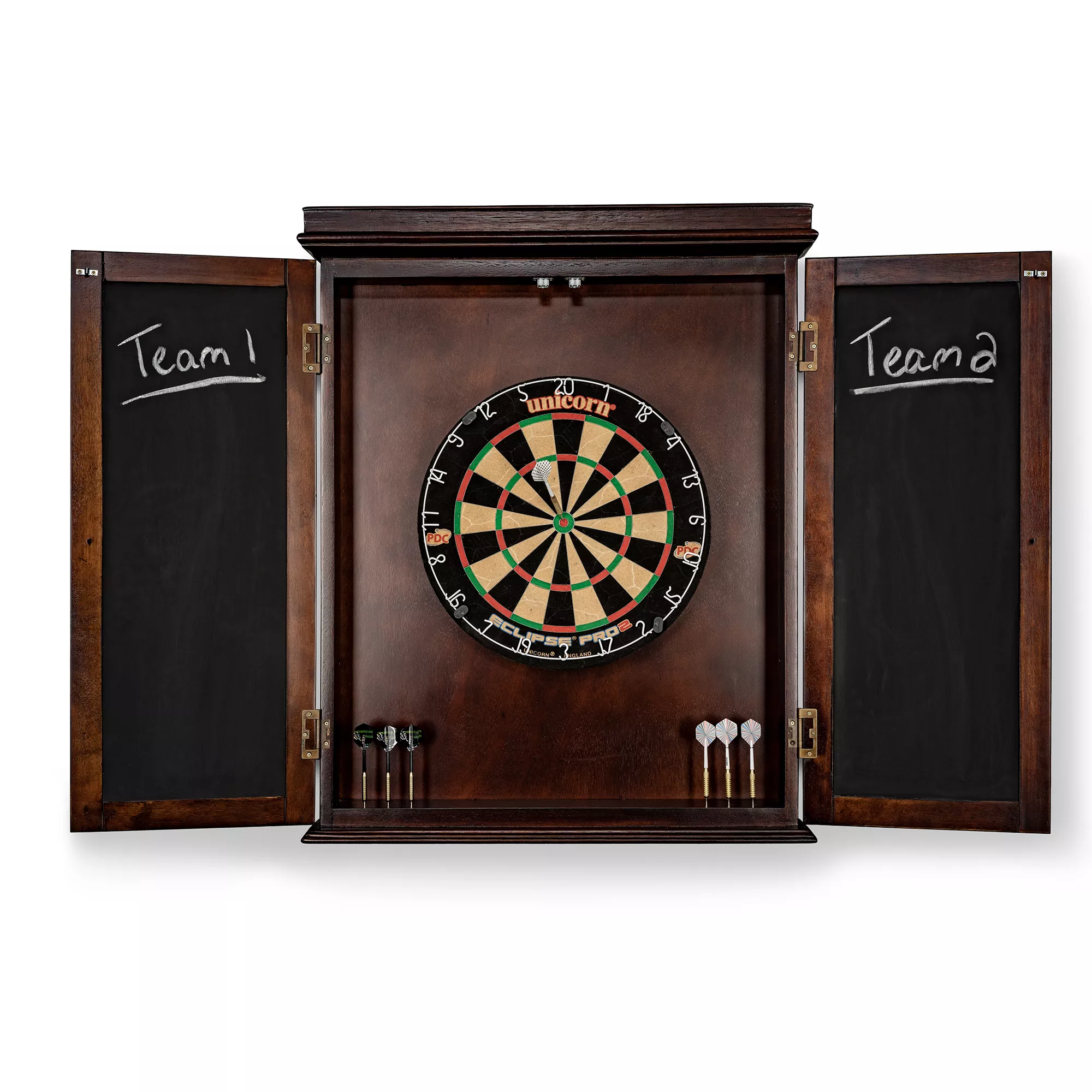 Opened Classic Dartboard Cabinet in Espresso
