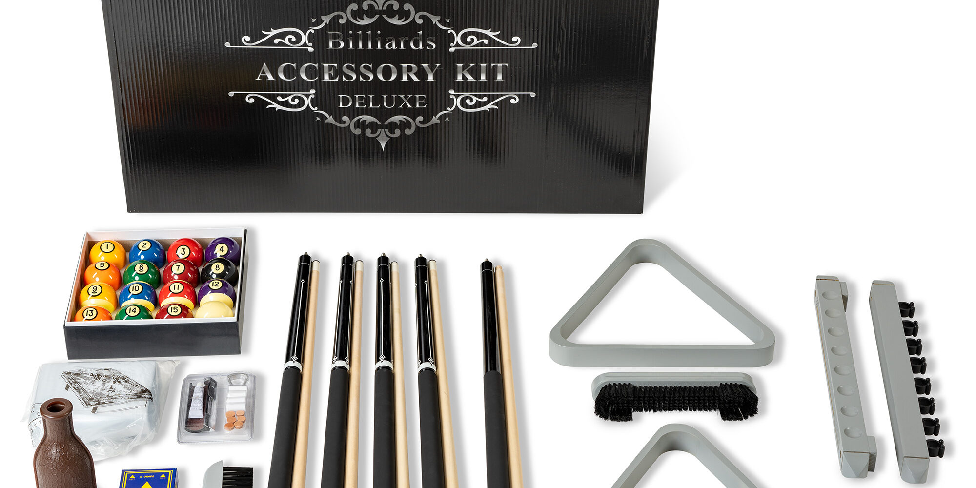 Executive Accessory Kit_Gray with box Pool table accessories kit