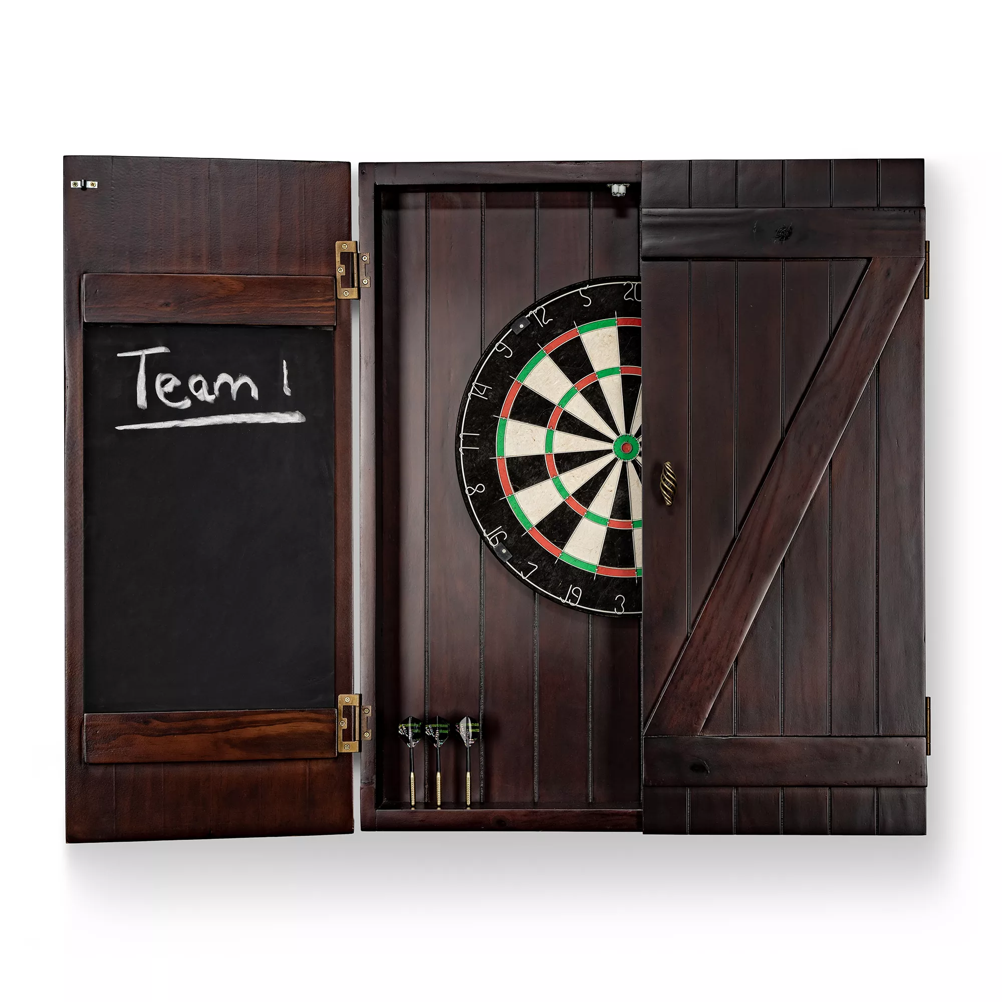 Half opened Rustic Dartboard Cabinet in Chocolate
