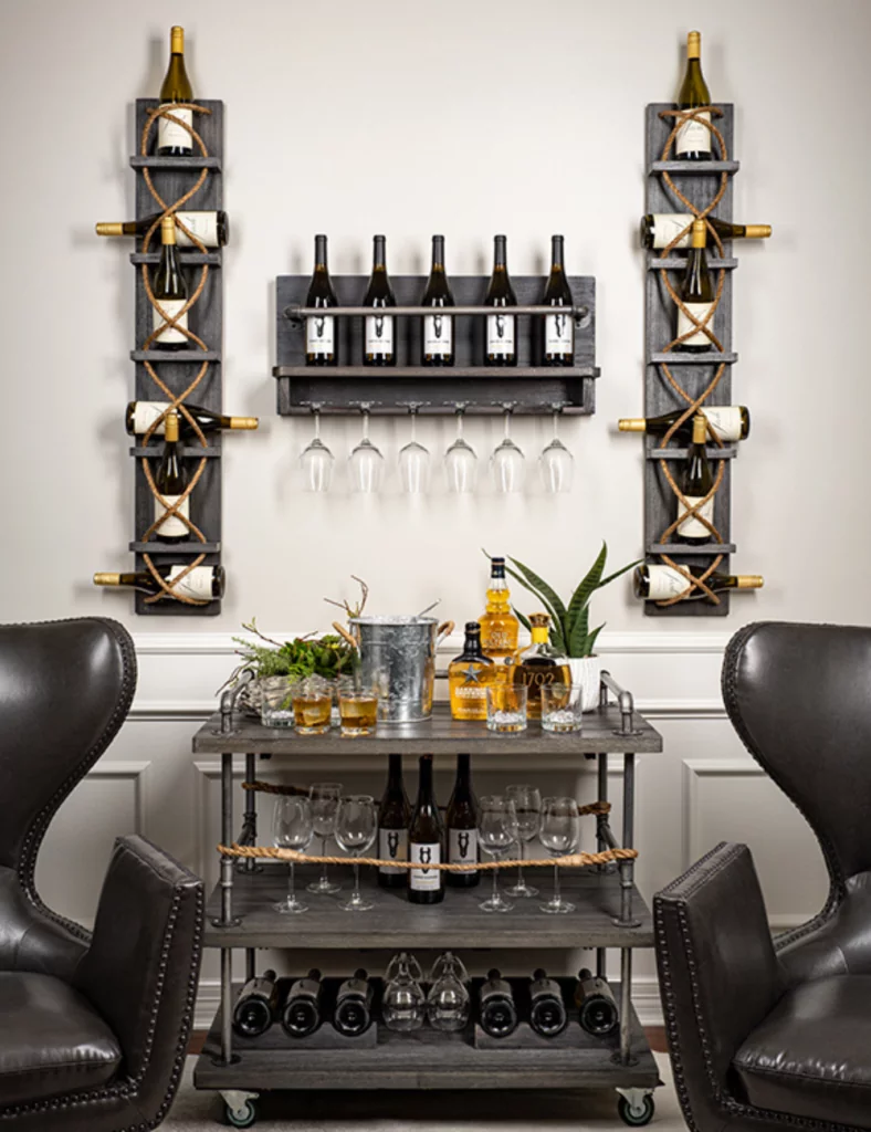Stylish pool room bar furniture charcoal Gray wine rack, three-tiered bar cart and bar shelf