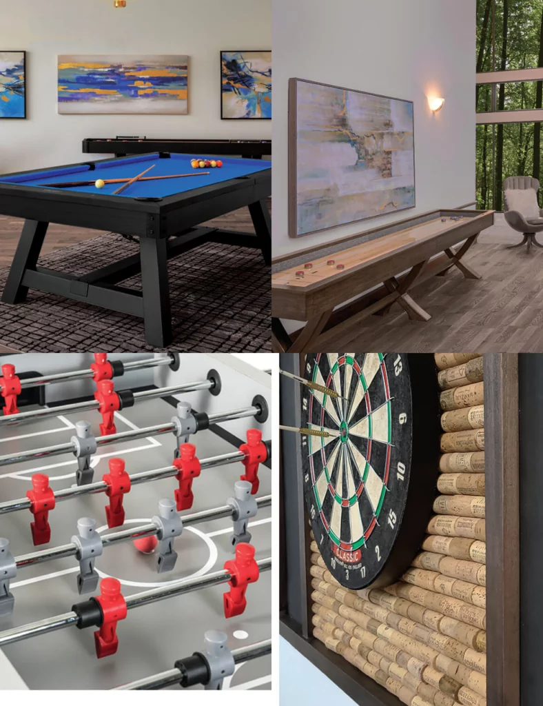 Collage of game room activities including foosball table, pool table, shuffleboard, and dartboard